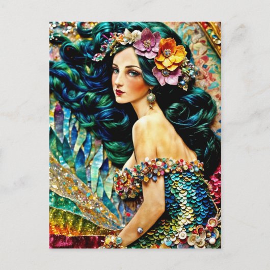 Mermaid Mixed Media Collage Postkarte (Vorderseite)