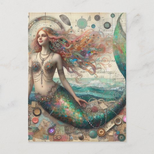 Mermaid Mixed Media Collage Postkarte (Vorderseite)