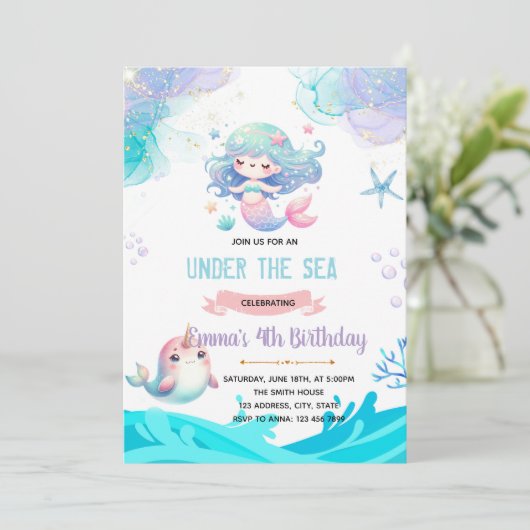 Mermaid Narwhal Einladung (Stehend Vorderseite)