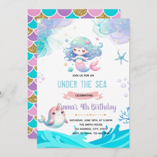 Mermaid Narwhal Einladung (Vorne/Hinten)