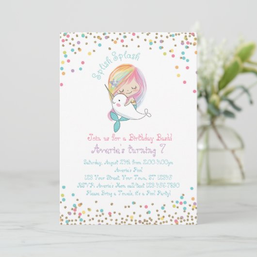 Mermaid Narwhal Pool Party Geburtstag Einladung (Stehend Vorderseite)