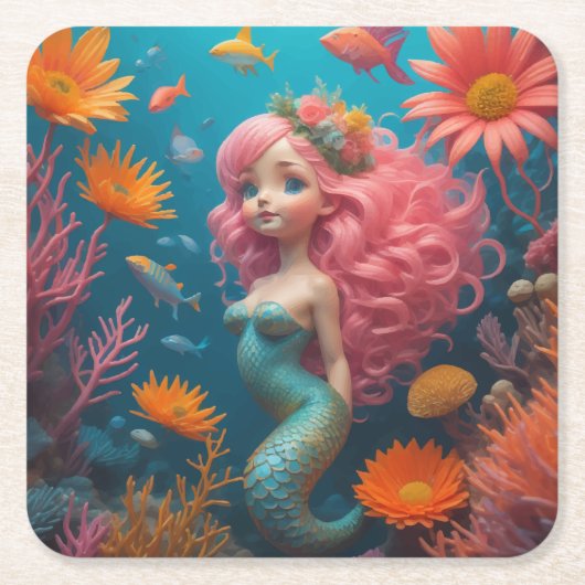 Mermaid Niedlich Pink Rechteckiger Pappuntersetzer (Vorderseite)