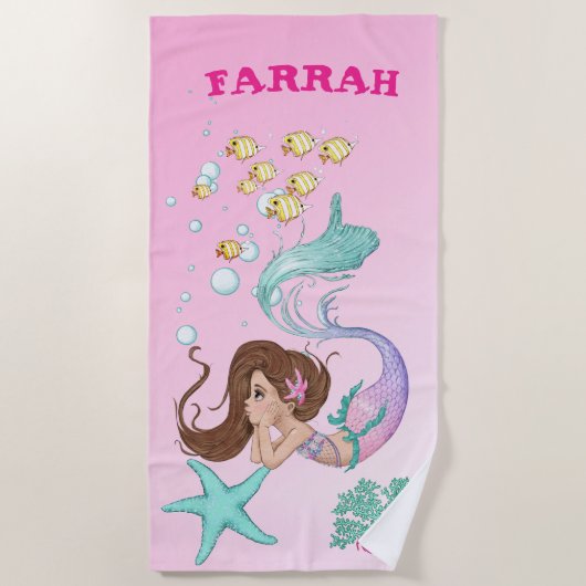 Mermaid Niedlich Pink Starfish Dark Hair Personal Strandtuch (Vorderseite)