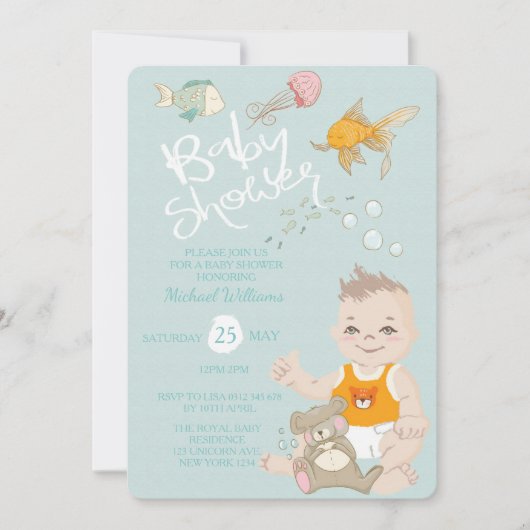 Mermaid Ocean Boy Invitation Blue Baby Dusche Einladung (Vorderseite)
