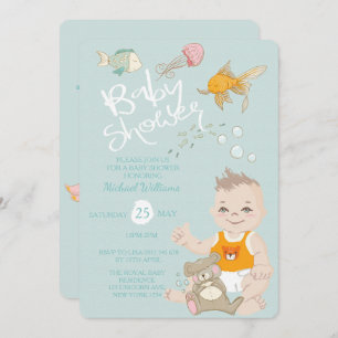 Mermaid Ocean Boy Invitation Blue Baby Dusche Einladung