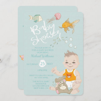 Mermaid Ocean Boy Invitation Blue Baby Dusche Einladung