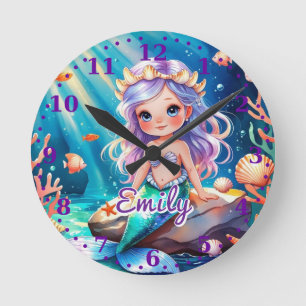 Mermaid Ocean Wall Clock - bearbeitbarer Name Runde Wanduhr