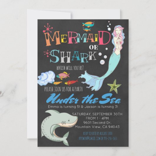 Mermaid oder Shark Co-Ed Joint Birthday Einladung (Vorderseite)
