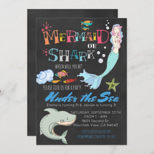 Mermaid oder Shark Co-Ed Joint Birthday Einladung (Vorne/Hinten)