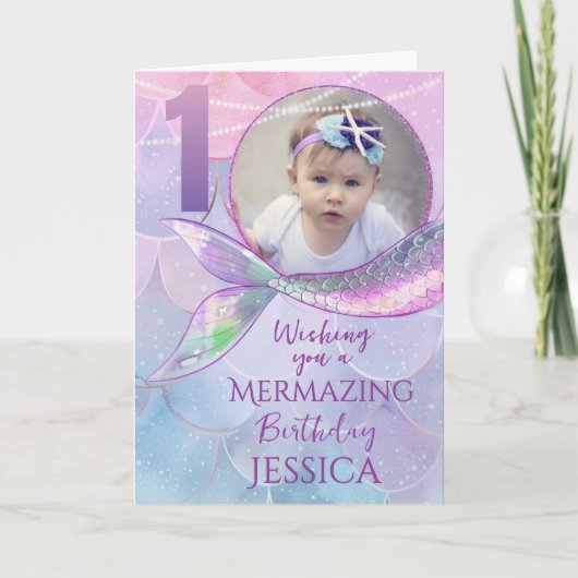 Mermaid One Photo 1st Birthday Card Karte (Vorderseite)