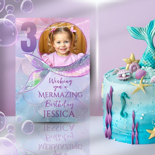 Mermaid One Photo 3rd Birthday Card Karte