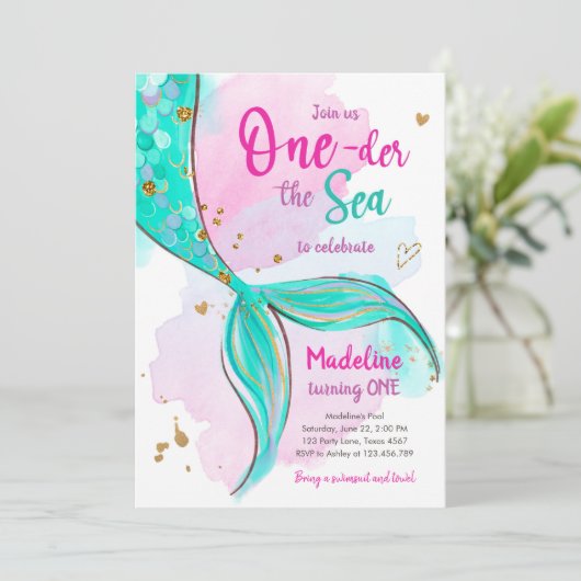 Mermaid One the Sea Pool Party Girl Erster Geburts Einladung (Stehend Vorderseite)