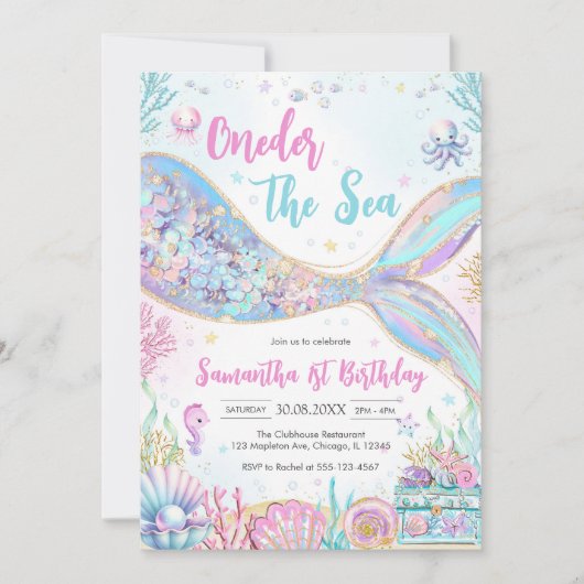 Mermaid Oneder the Sea 1st Birthday Einladung (Vorderseite)