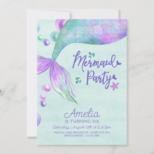 Mermaid Party Jegliches Alter Meerjungfrau Schwanz Einladung (Vorderseite)