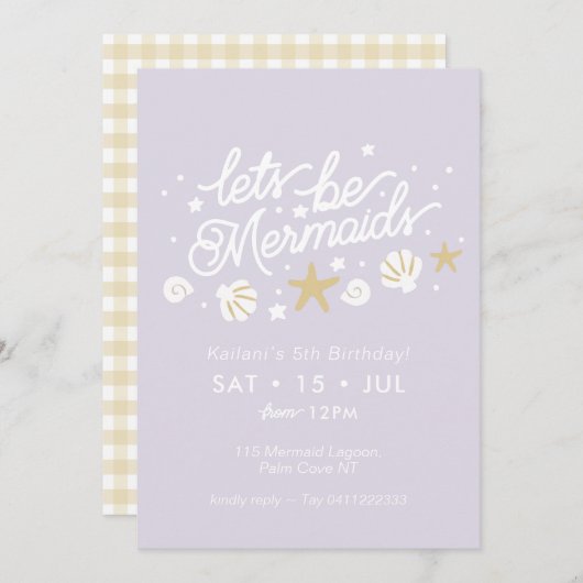 Mermaid Party Lilac & Gingham Girls Geburtstag Einladung (Vorne/Hinten)