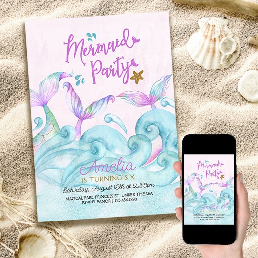 Mermaid Party Ocean Waves Pink Birthday Einladung
