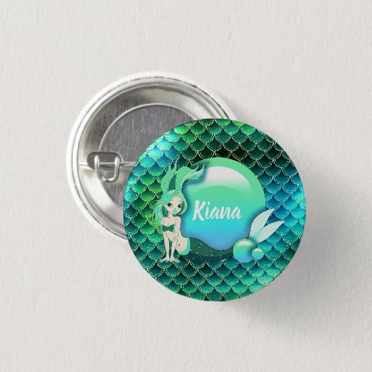 Mermaid Pearls and Scales Monogram Green ID600 Button (Vorne & Hinten)