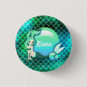 Mermaid Pearls and Scales Monogram Green ID600 Button