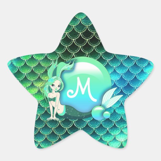 Mermaid Pearls and Scales Monogram Green ID600 Stern-Aufkleber (Vorderseite)
