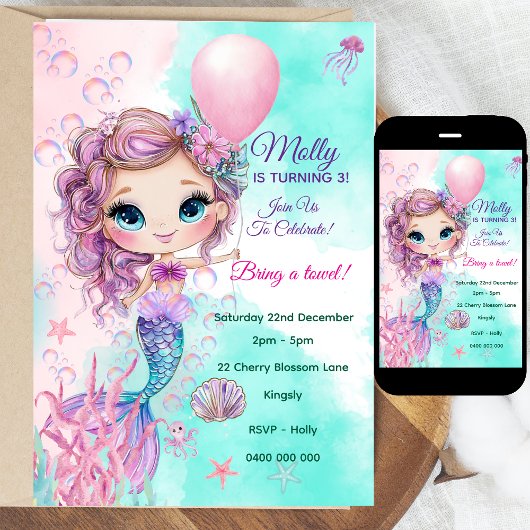 Mermaid Personalisiert Birthday Einladung