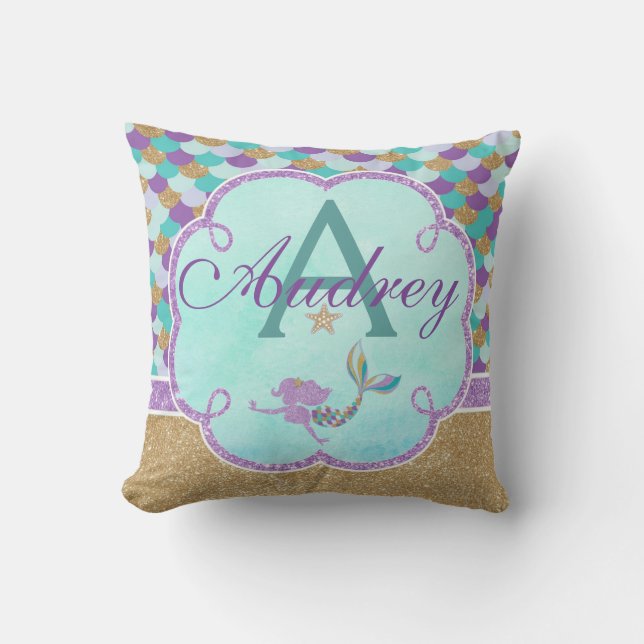 Mermaid Personalisiert Monogram Pillow Name Kissen (Vorderseite)
