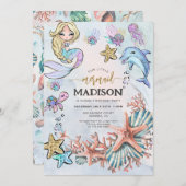 Mermaid Pink Blue Birthday Einladung (Vorne/Hinten)