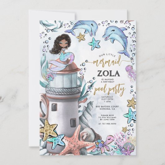 Mermaid Pink Blue Birthday Pool Party Einladung (Vorderseite)