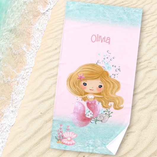 Mermaid Pink Blue Blond Haar Girl Name Beach Handt Strandtuch