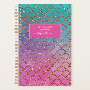 Mermaid Pink Blue Gold Glitzer Script Name 2021 Planer