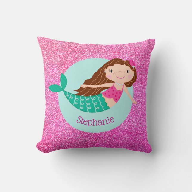 Mermaid Pink Glitzer Girly Personalisiert Kissen (Vorderseite)