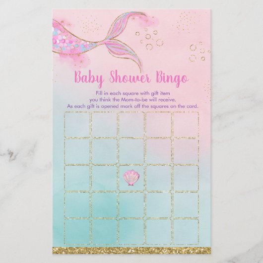 Mermaid Pink Gold Baby Dusche Bingo Spiel (Vorderseite)