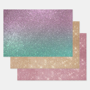 Mermaid Pink Green Funkelnd Glitzer Ombre Geschenkpapier Set