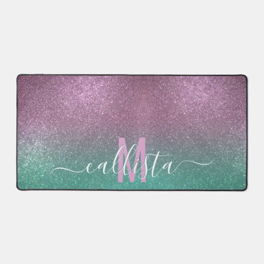 Mermaid Pink Green Funkelnd Glitzer Ombre Monogram Schreibtischunterlage (Vorderseite)