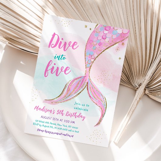 Mermaid Pink Lila 5. Geburtstag Einladung