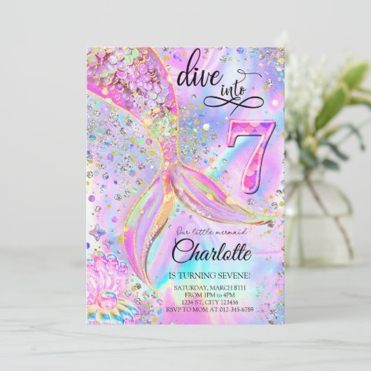 Mermaid Pink Lila Geburtstag Einladung (Stehend Vorderseite)