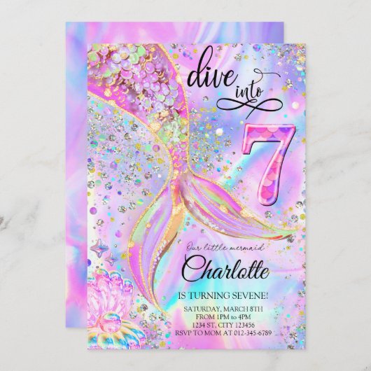 Mermaid Pink Lila Geburtstag Einladung (Vorne/Hinten)