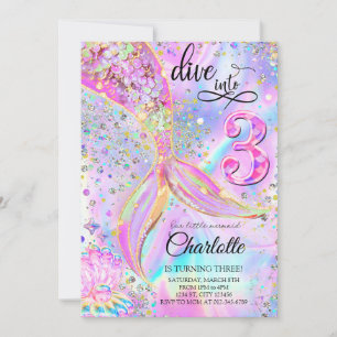 Mermaid Pink Lila Geburtstag Tauchen in drei Einladung