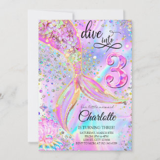 Mermaid Pink Lila Geburtstag Tauchen in drei Einladung