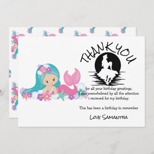 Mermaid Pink Lila Geburtstagsparty Danke Einladung (Vorne/Hinten)