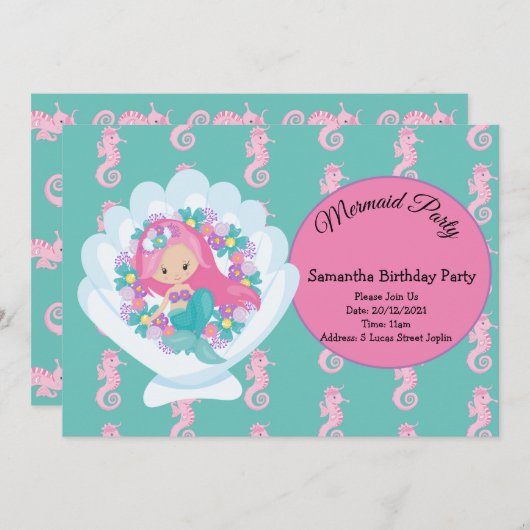 Mermaid Pink Lila Geburtstagsparty Einladung (Vorne/Hinten)