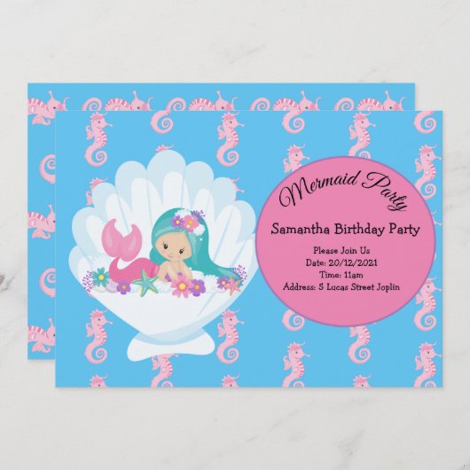 Mermaid Pink Lila Geburtstagsparty Einladung (Vorne/Hinten)