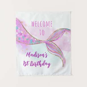 Mermaid Pink Lila Gold Geburtstag Hintergrund Wandteppich