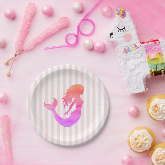 Mermaid Pink Stripe Pastellpapier Teller (Party)