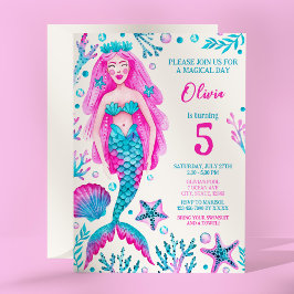 Mermaid Pink und Turquoise Girl's Birthday Party Einladung
