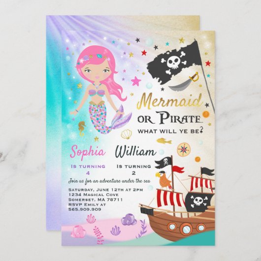 Mermaid Pirate Birthday Einladung Geschwister Part (Vorne/Hinten)