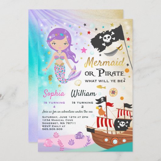 Mermaid Pirate Birthday Einladung Geschwister Part (Vorne/Hinten)