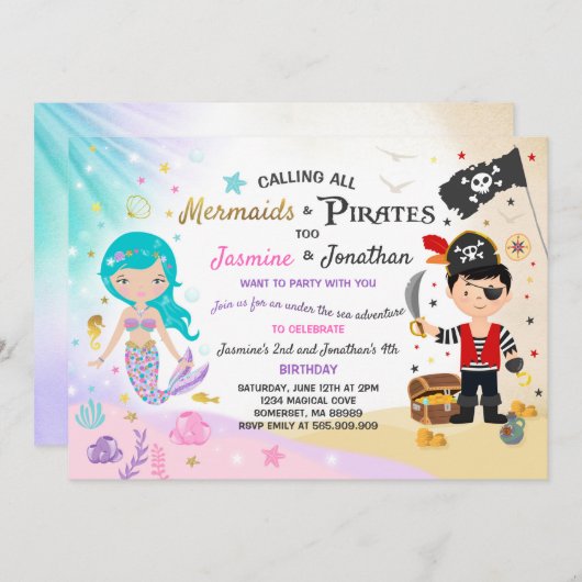Mermaid Pirate Birthday Einladung Geschwister Part (Vorne/Hinten)