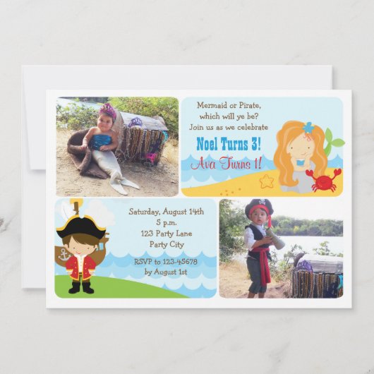 Mermaid Pirate Geburtstag Einladungen mit Foto (Vorderseite)