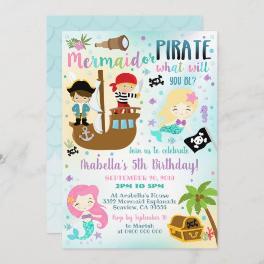 Mermaid Pirate Invitation Boy Girl Einladung (Vorne/Hinten)