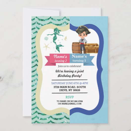 Mermaid & Pirate Joint Boy Girl Birthday Invites Einladung (Vorderseite)